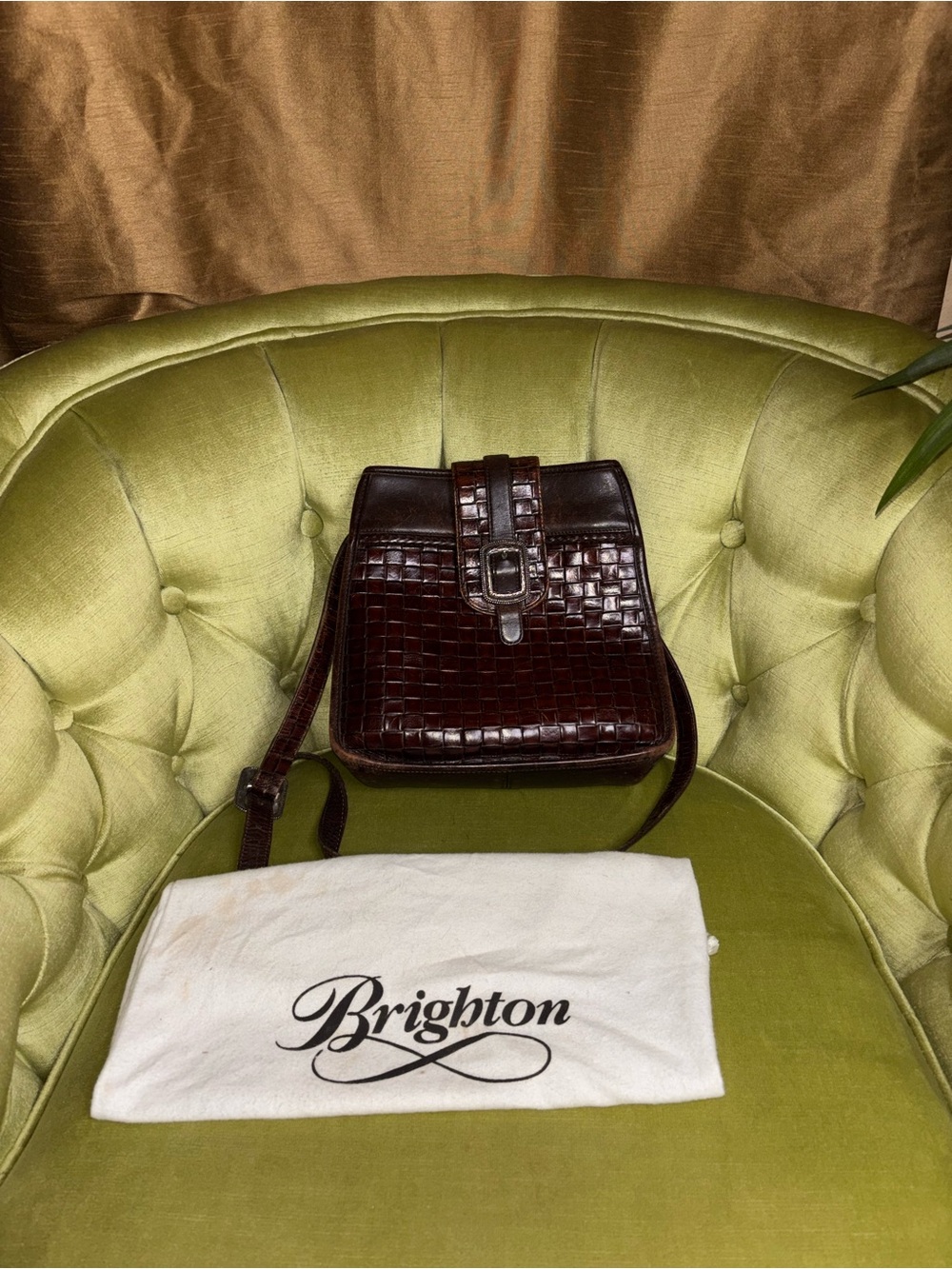 Brighton Brown Leather Crossbody Purse  Basketweave  Magnetic Snap  9"x9" - Picture 4 of 10